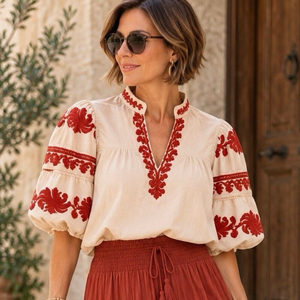 Entro Good Afternoon Blouse Sz L Cream Rust Red Embroidered Puff Sleeve Boho NWT